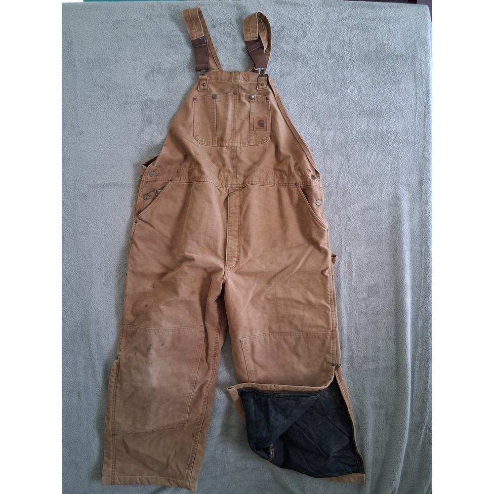 Carhartt Duck Bib Overalls 50x30 Brown Quilt Insulated Leg Zip Workwear USA Vtg